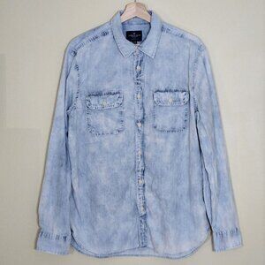 American Eagle Shirt Mens L Blue Collared Button Up LS Denim Faded Hippie Grunge